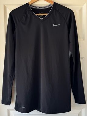 Nike Pro Combat Black V-neck Long Sleeve Compression Shirt. Dri-FIT technology.